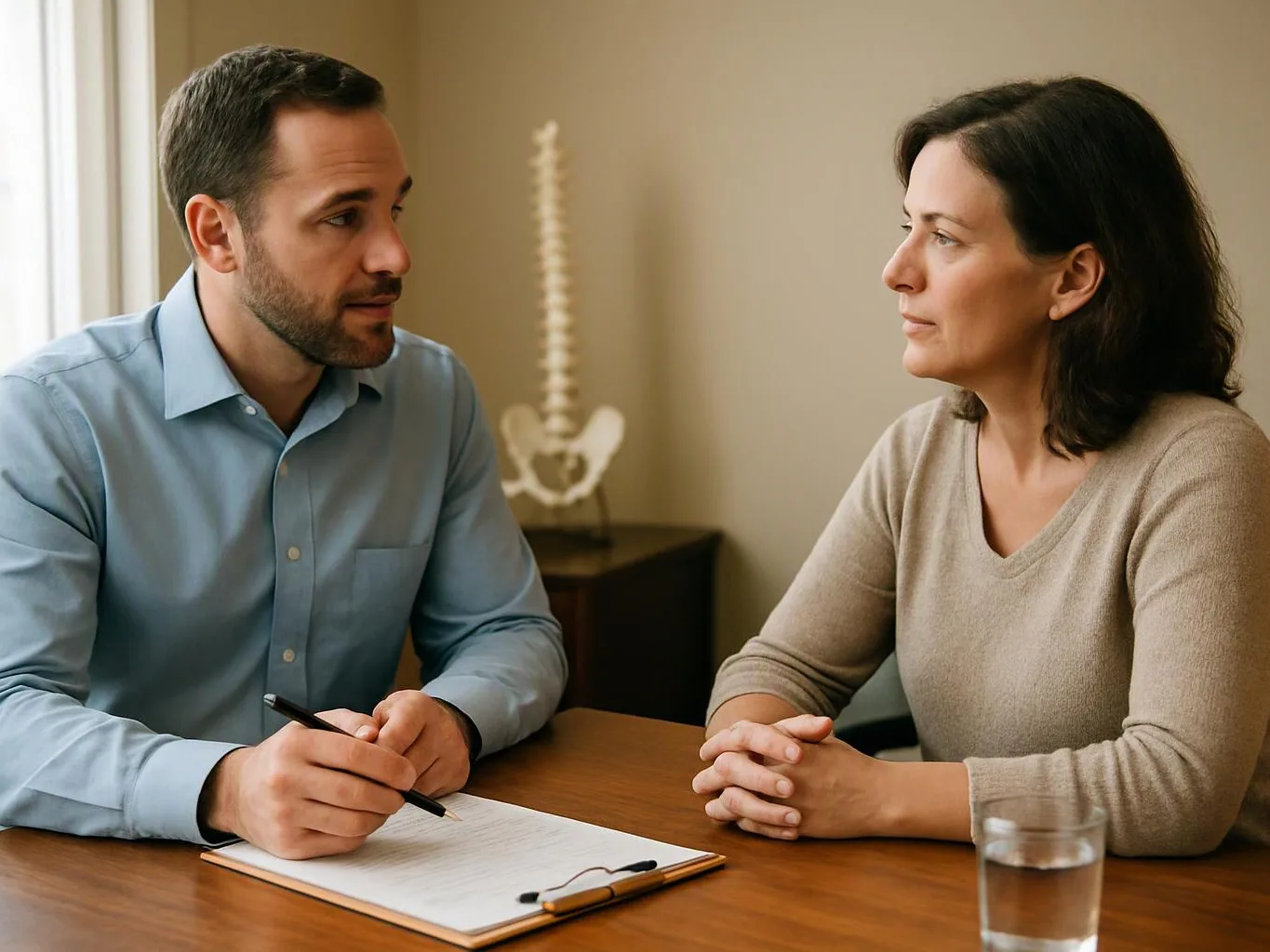 A man takes notes while speaking with a woman across a desk in a calm office room