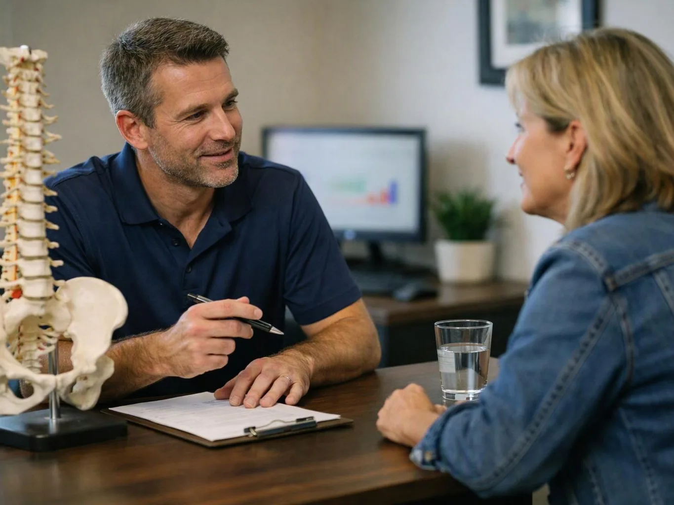 A man talks with a woman across a desk, with a spine model, clipboard, and glass of water in a clinic office