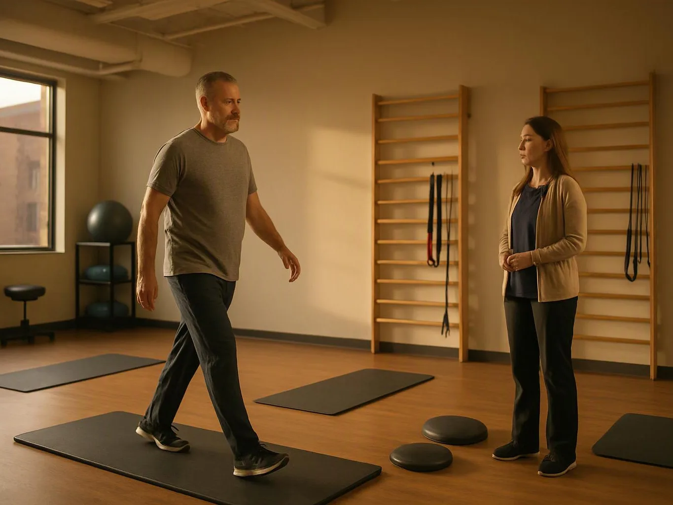 A man walks across a mat while a woman stands nearby in a quiet exercise studio