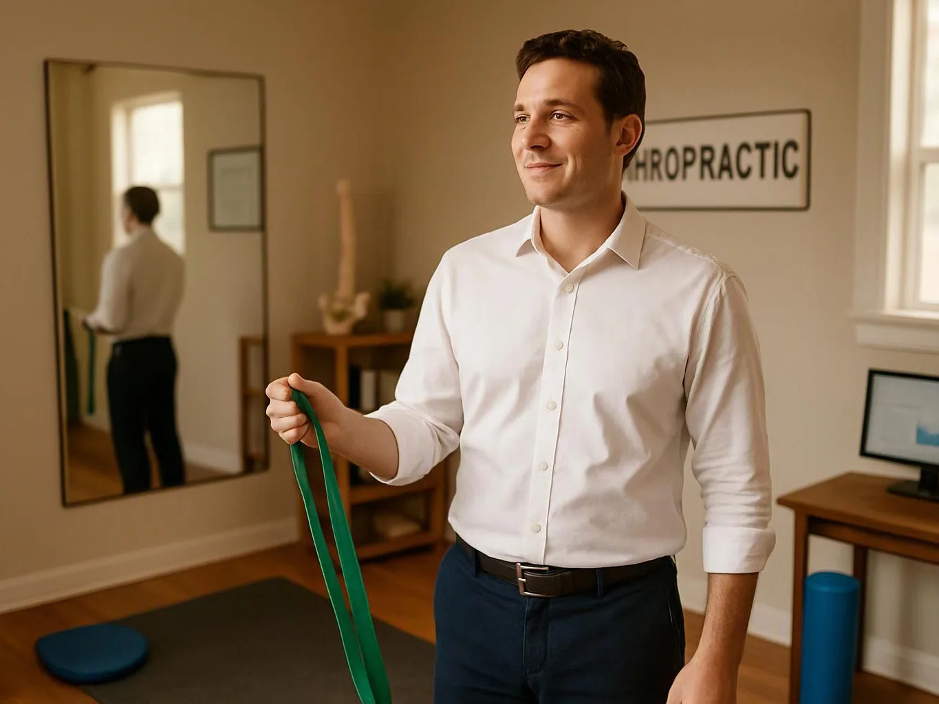 A man in a white shirt holds a green exercise band in a chiropractic treatment room