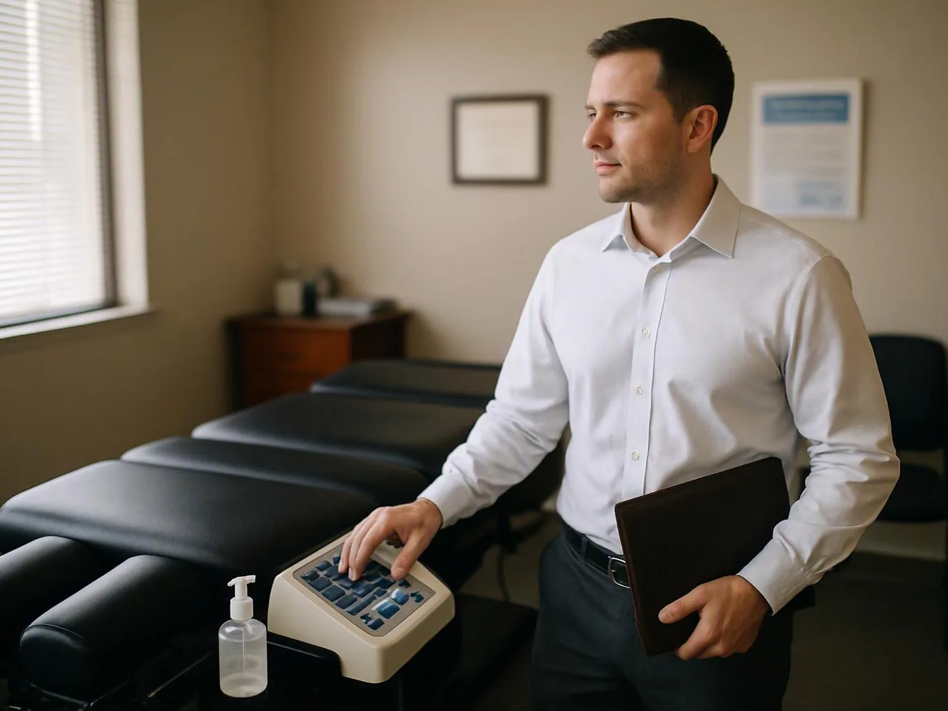A man in a white shirt stands beside massage tables, pressing a keypad and holding a folder in a treatment room