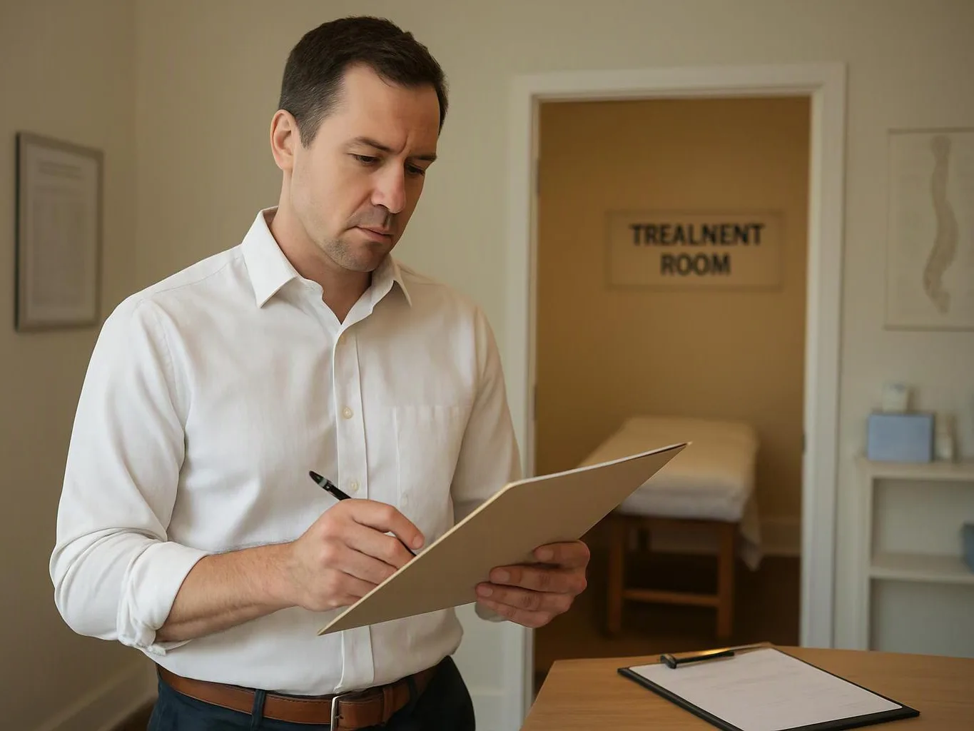 A man in a white shirt writes on a clipboard in a treatment room doorway