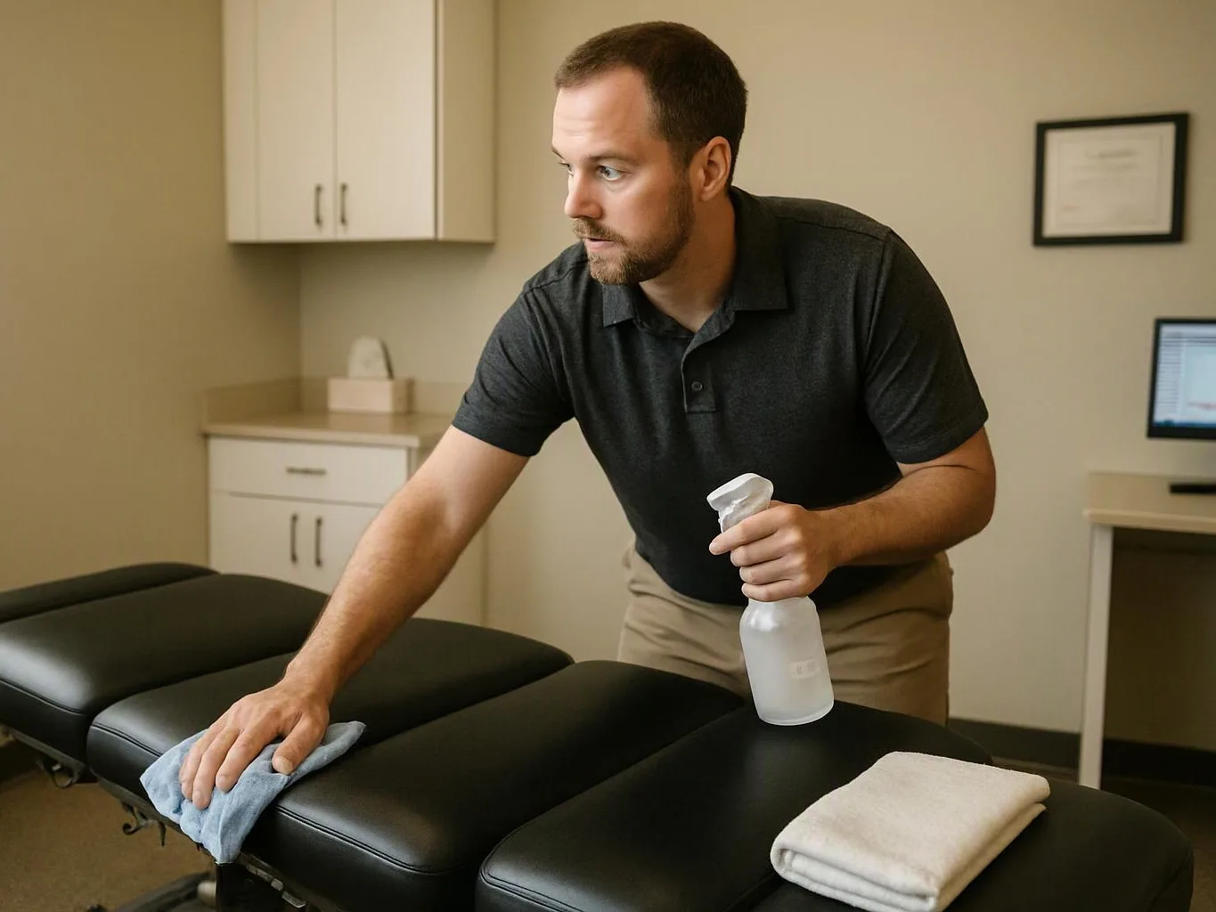 A man wipes a black treatment table with a cloth while holding a spray bottle in a small office room
