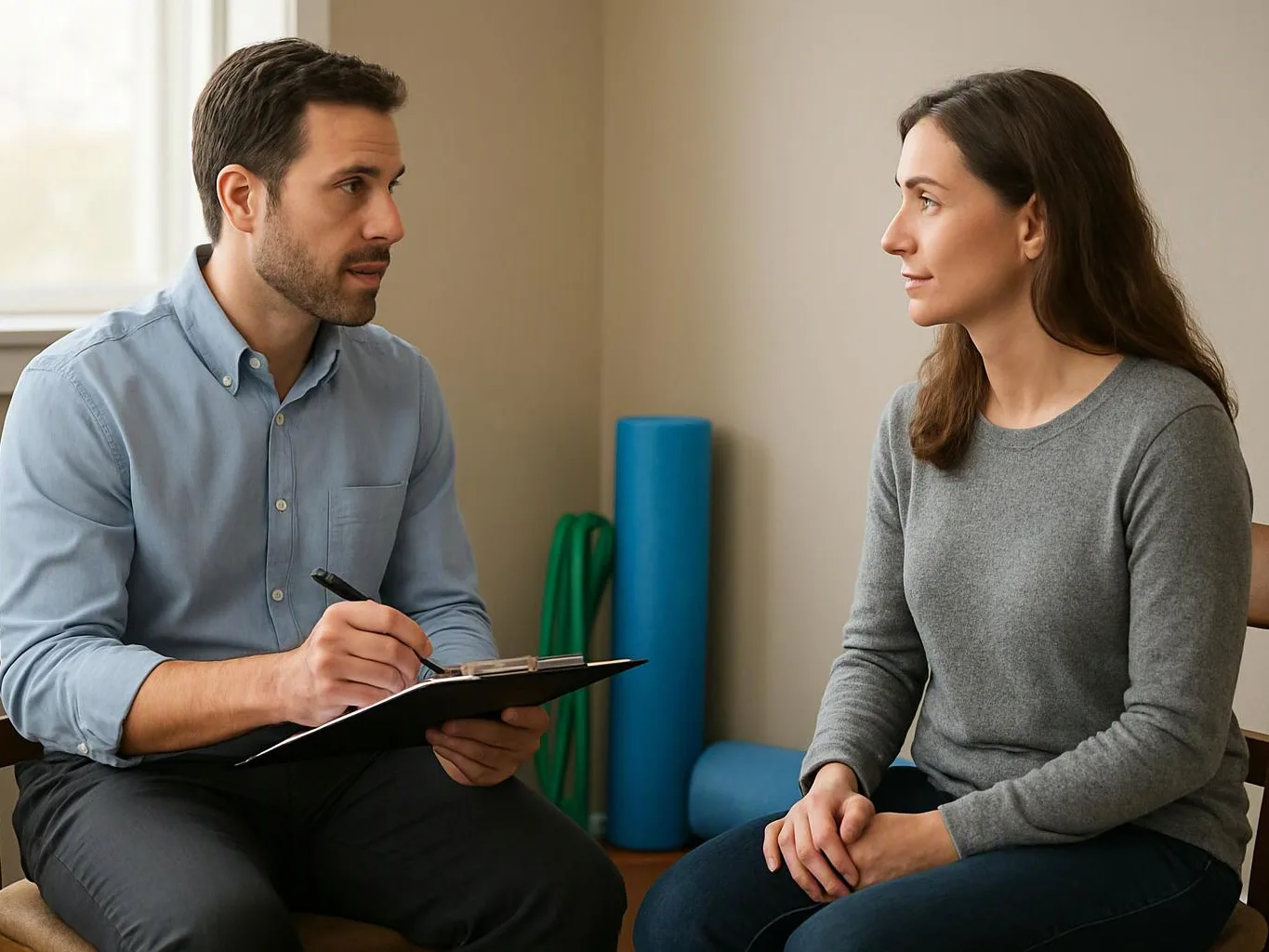 A man writes on a clipboard while facing a seated woman in a quiet room with exercise mats