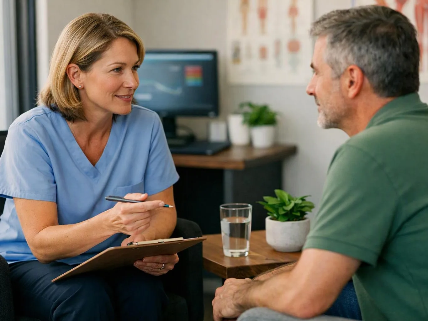 A nurse in blue scrubs talks with a seated man, holding a clipboard in a calm office setting