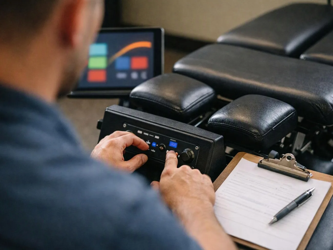 A person adjusts a control panel beside a padded treatment table, with a clipboard and pen nearby