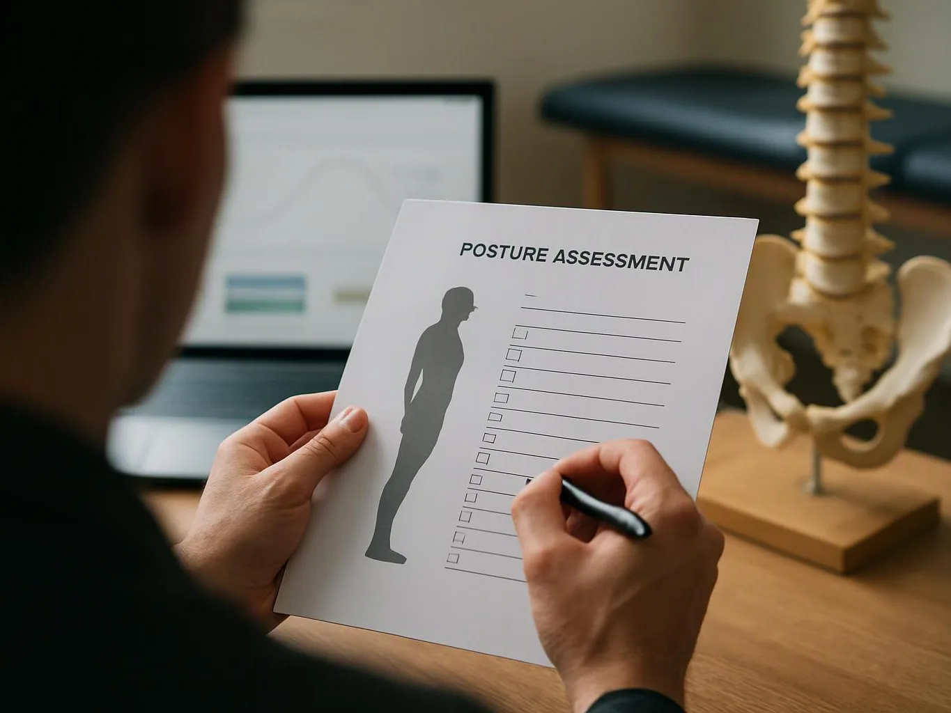 A person fills out a posture assessment form beside a spine model on a desk