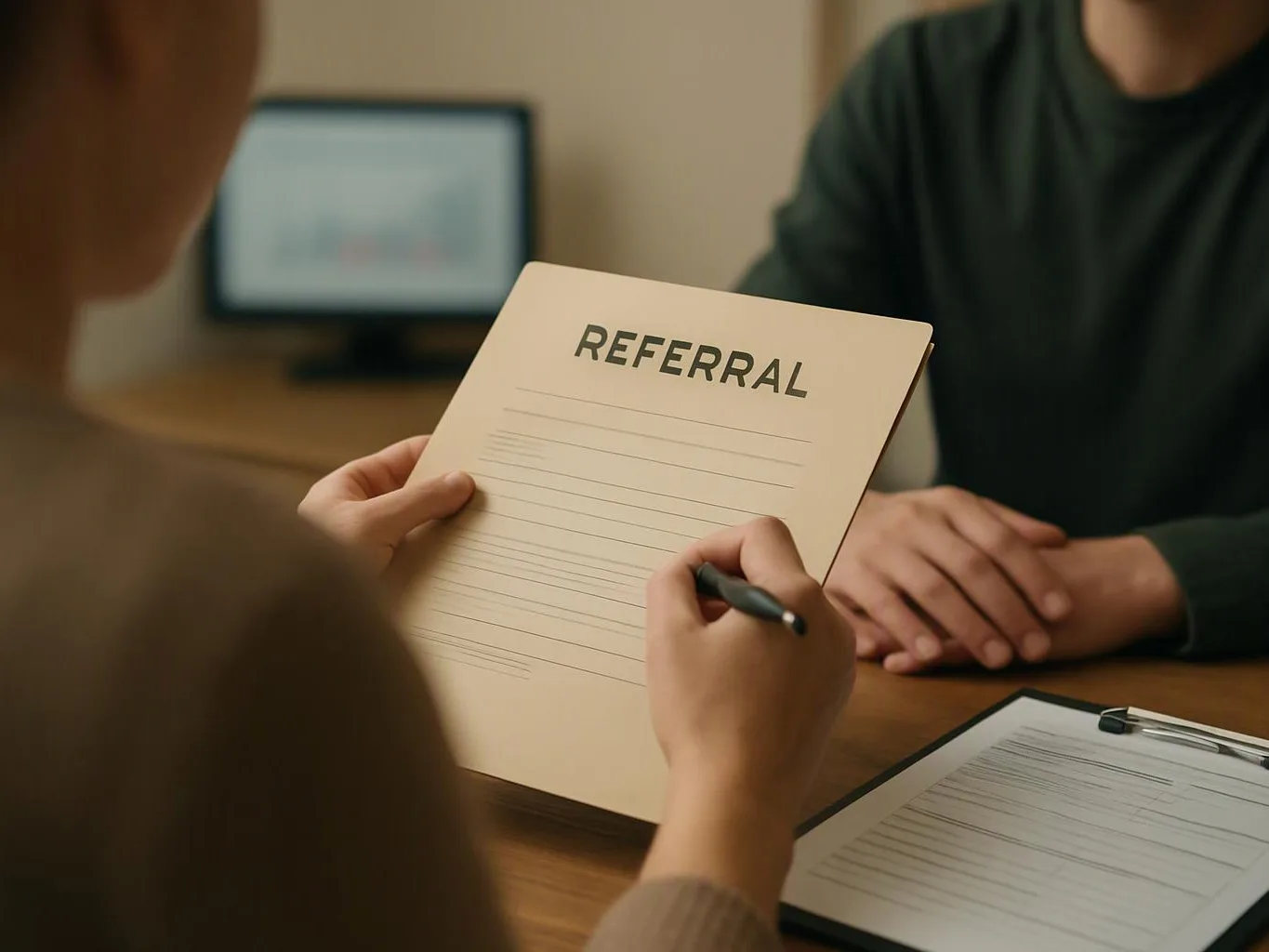 A person fills out a referral form across a desk while another person waits nearby in an office