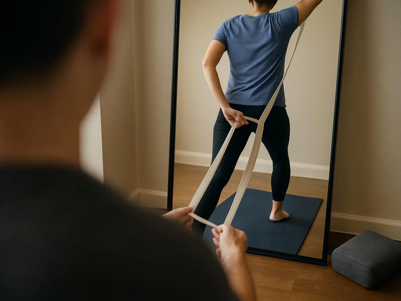 A person in front of a mirror stretches with a strap on a blue mat in a room