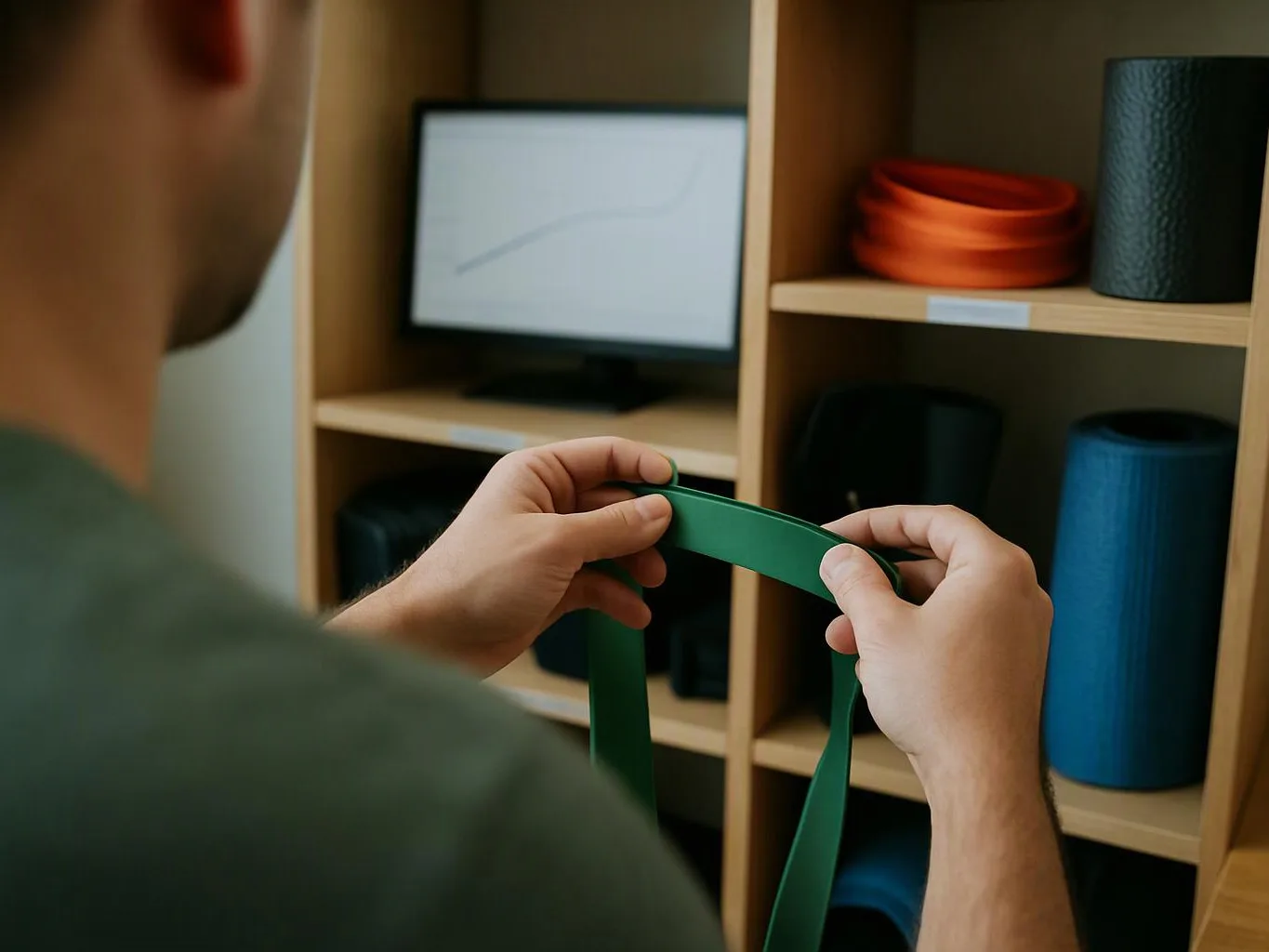 A person holds a green strap in front of wooden shelves with rolled mats and a small monitor