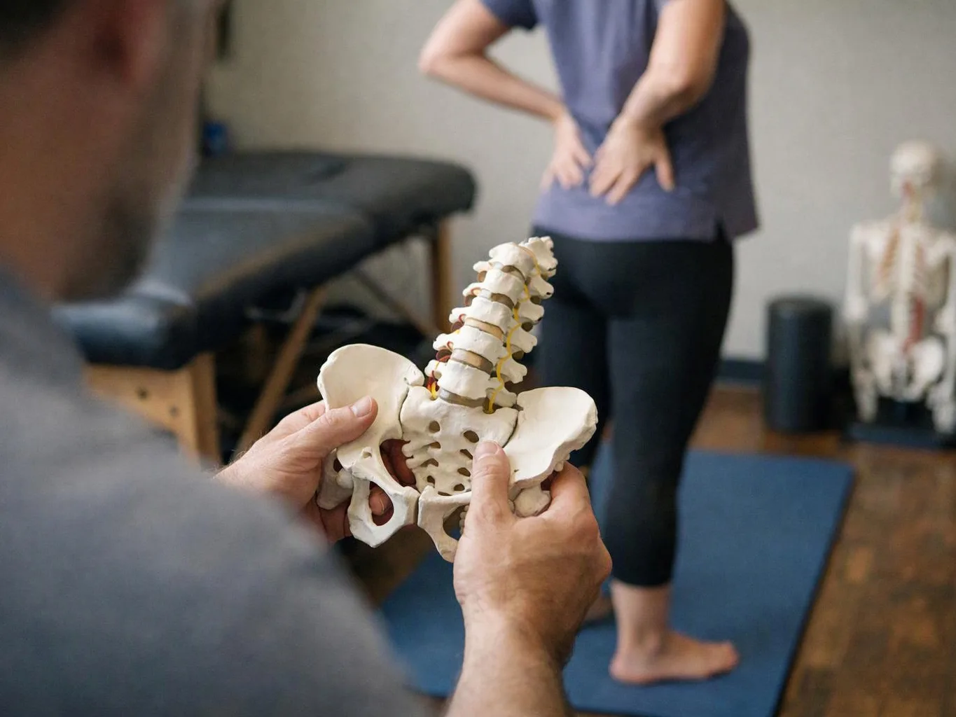 A person holds a pelvis and spine model while another stands on a blue mat in a clinic room