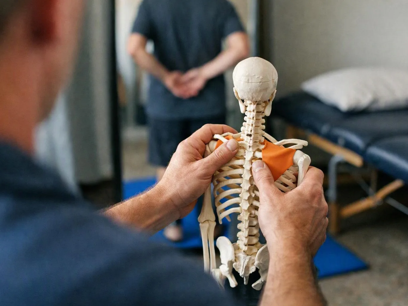 A person holds a skeleton model in front of a blurred patient in a clinic room
