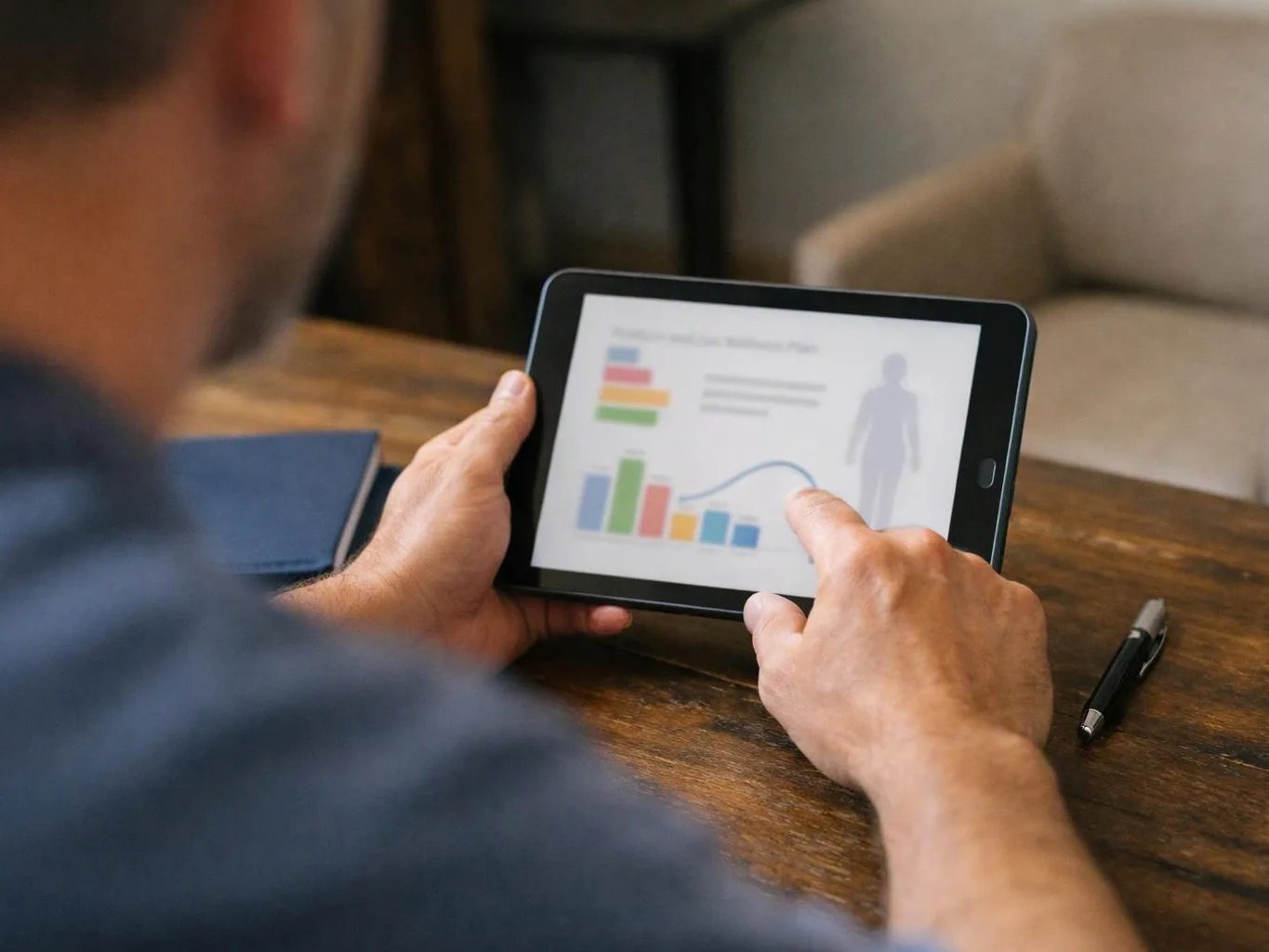 A person holds a tablet showing colorful charts while pointing at the screen on a wooden table
