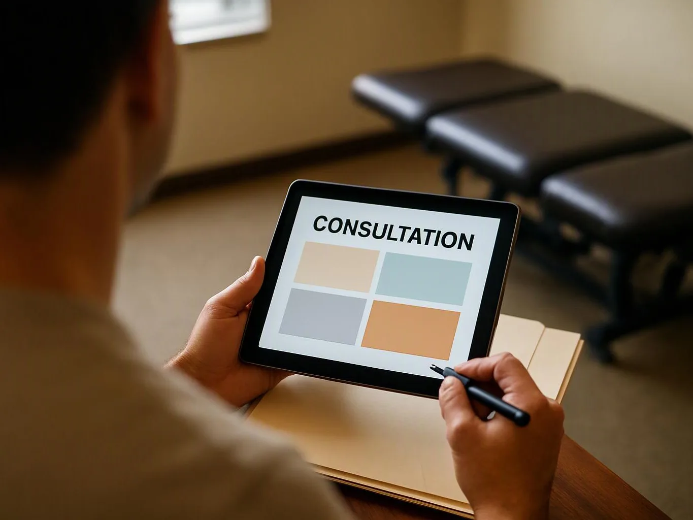 A person holds a tablet showing "CONSULTATION" and colored blocks in a quiet waiting room