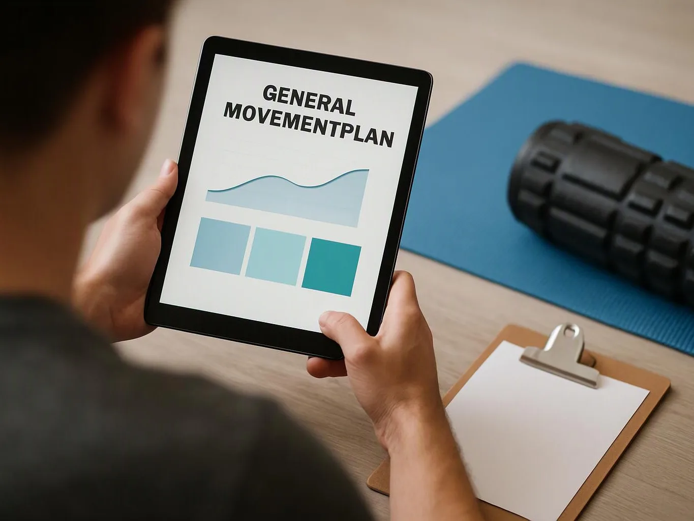 A person holds a tablet showing “GENERAL MOVEMENTPLAN” with charts beside a foam roller and clipboard on a desk