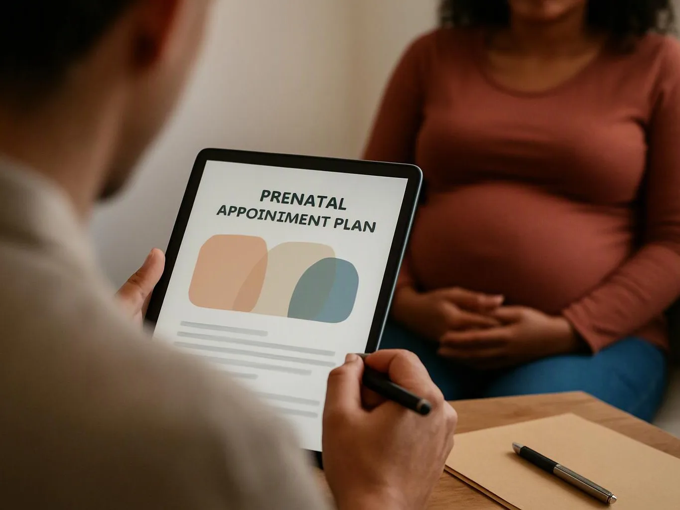 A person holds a tablet showing “PRENATAL APPOINTMENT PLAN” while a pregnant woman sits nearby in a consultation room