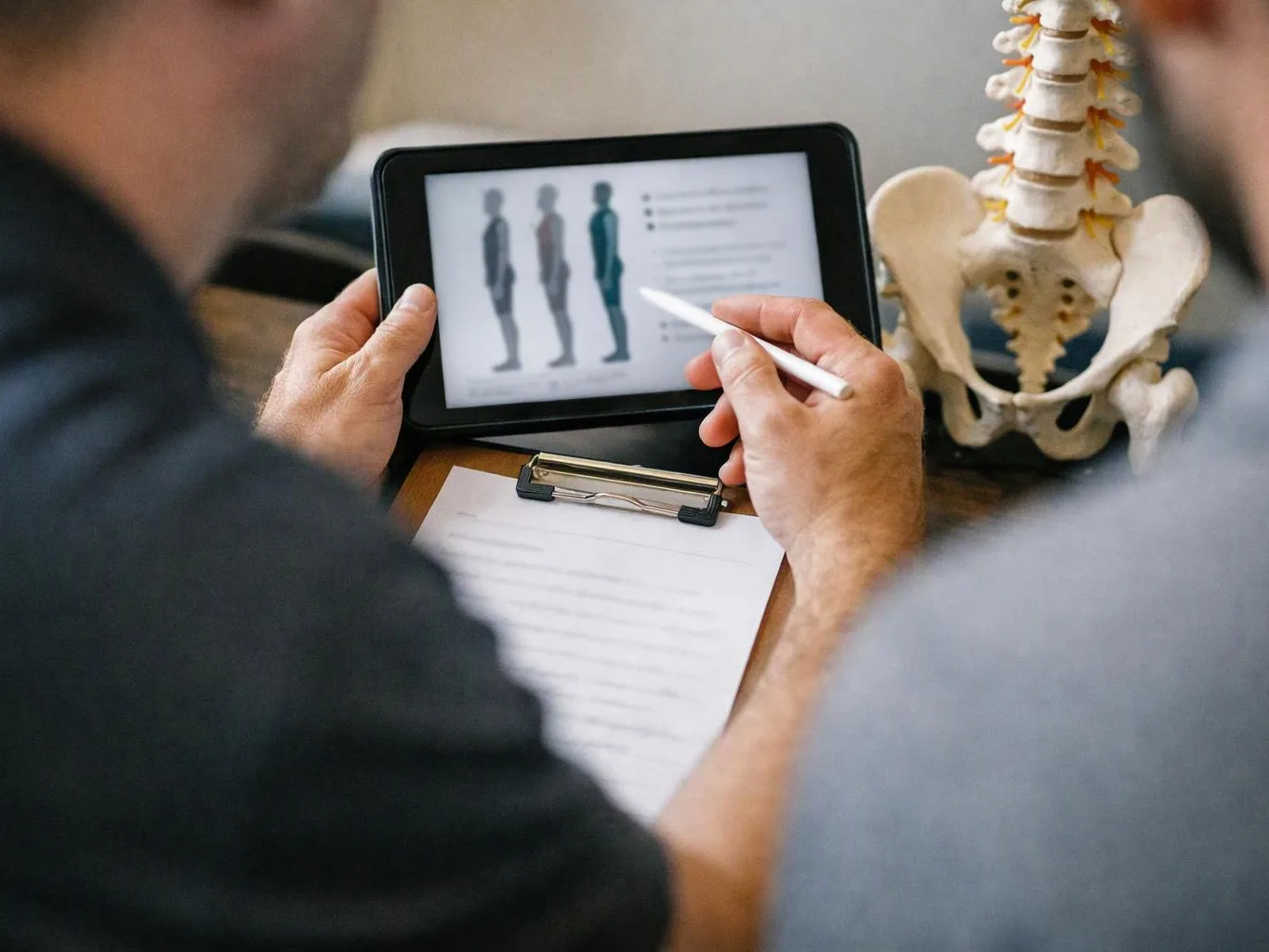 A person points at a tablet showing body posture diagrams beside a spine model on a desk