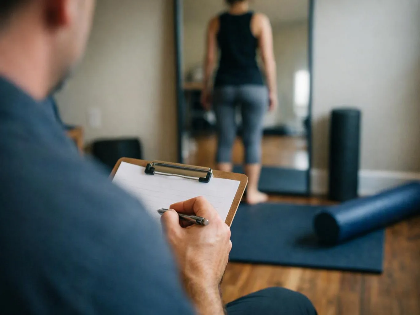 A person writes on a clipboard while another stands on a yoga mat in a studio with foam rollers