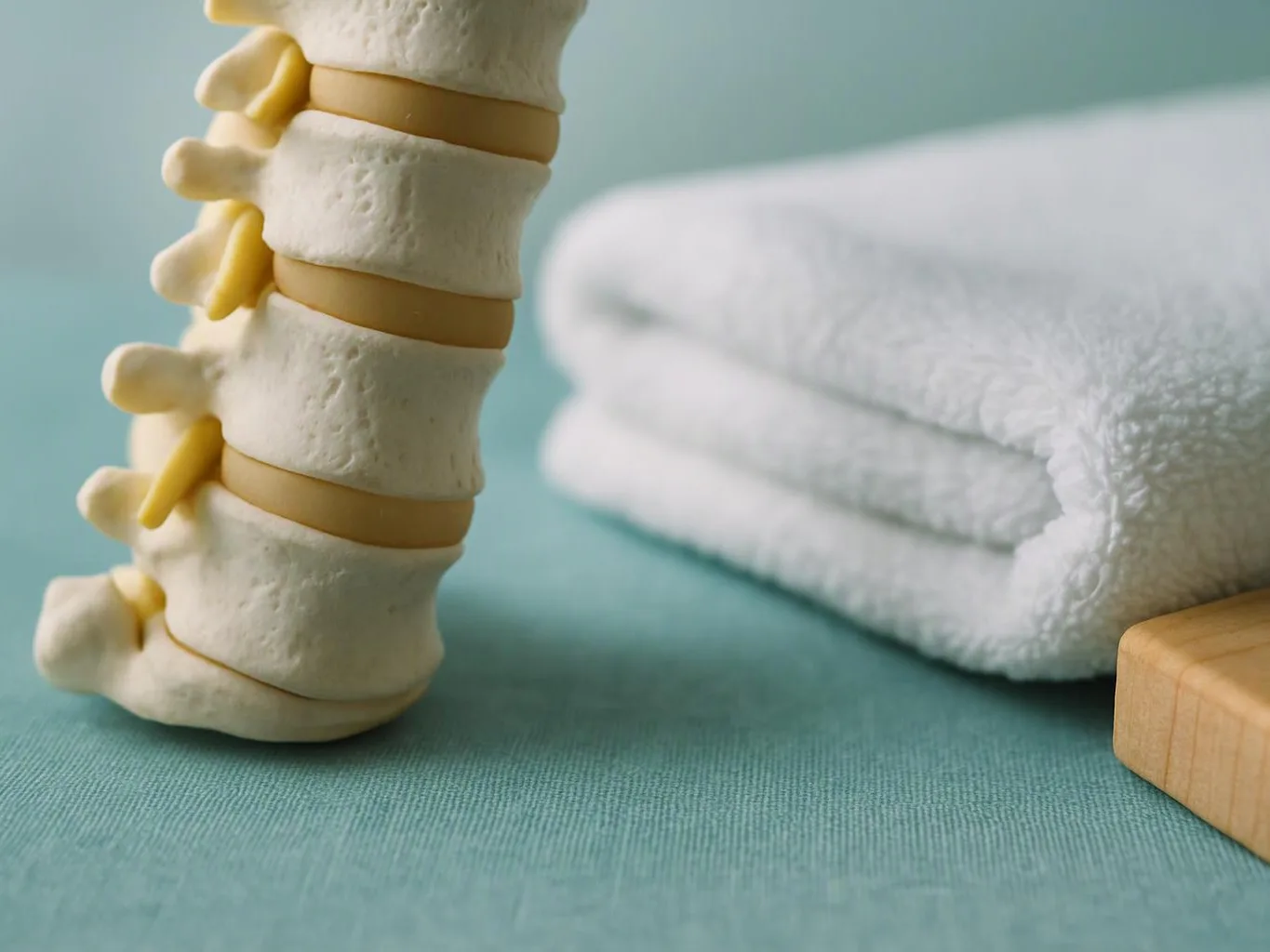 A plastic spine model stands beside folded white towels on a teal surface