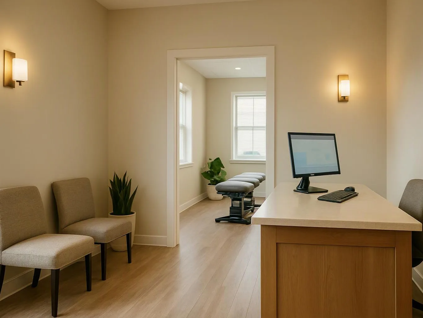 A quiet beige waiting room connects to a treatment room with a massage table, chairs, and a desk computer