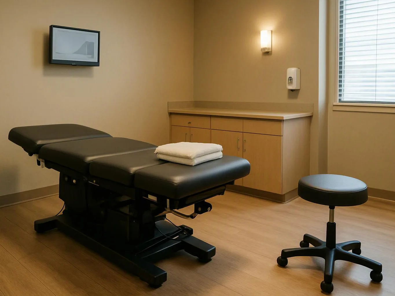 A quiet exam room has a black treatment table, stool, cabinets, wall light, and window blinds