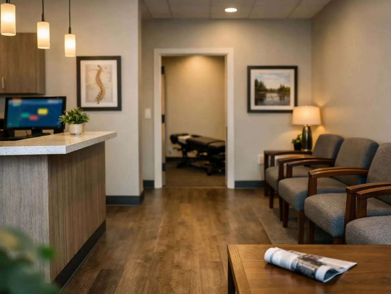 A quiet medical waiting room with chairs, a reception counter, a lamp, and an exam room visible through the doorway