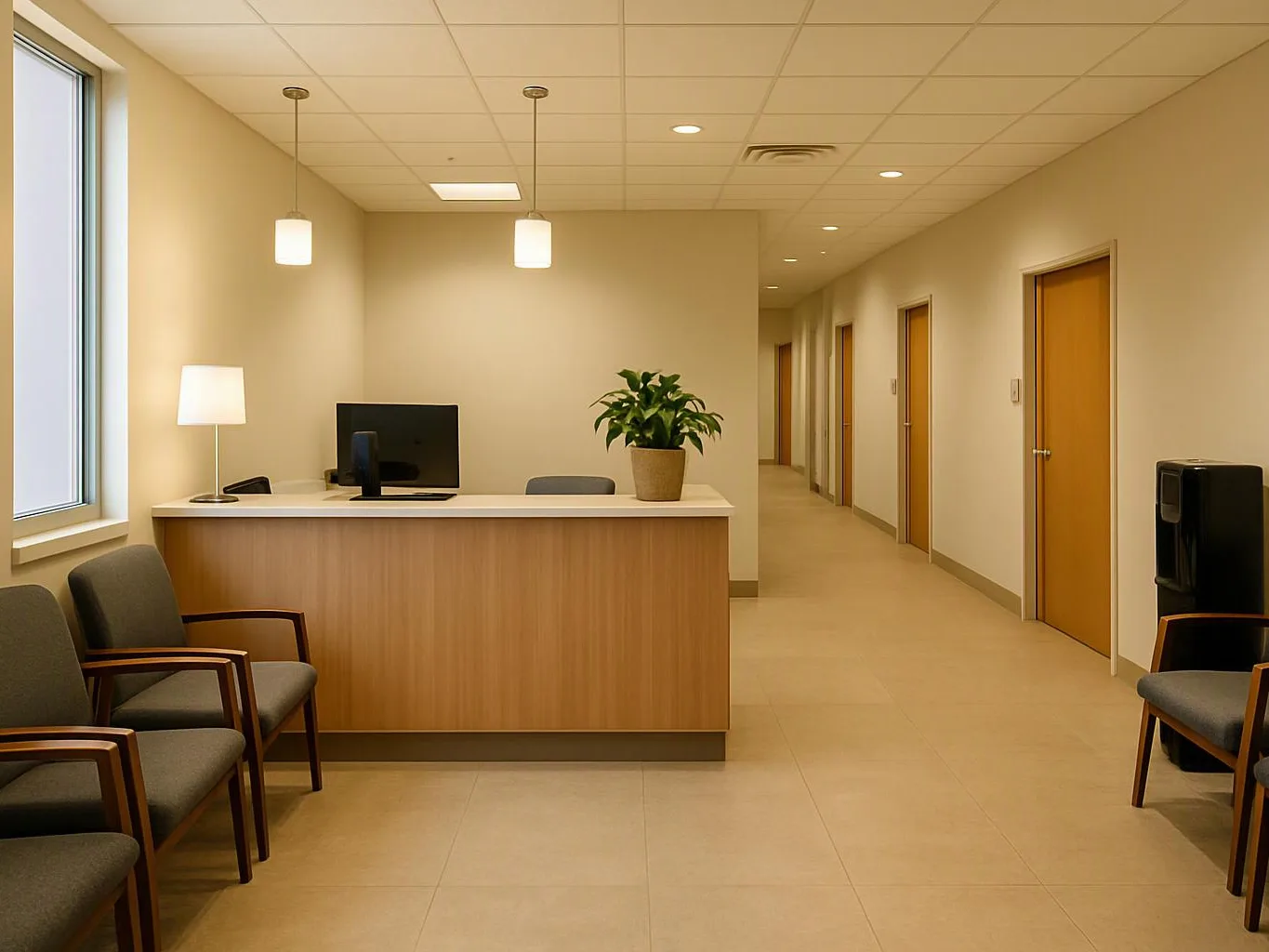 A quiet office reception area shows a wooden desk, chairs, a potted plant, and a hallway with closed doors
