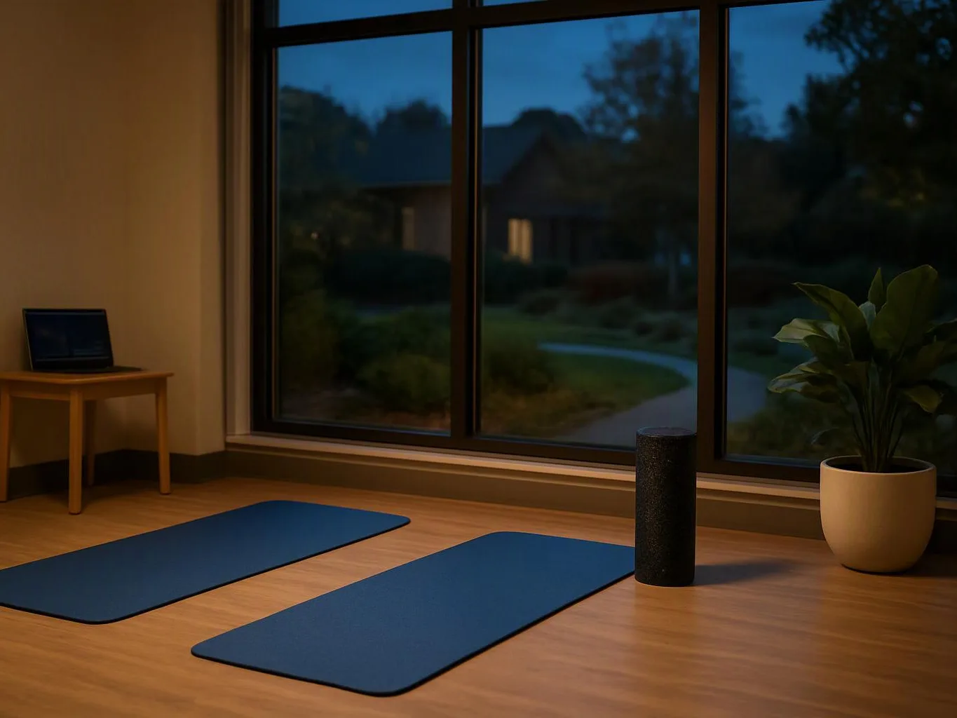 A quiet room shows two blue yoga mats, a foam roller, a potted plant, and a laptop by a large window at dusk