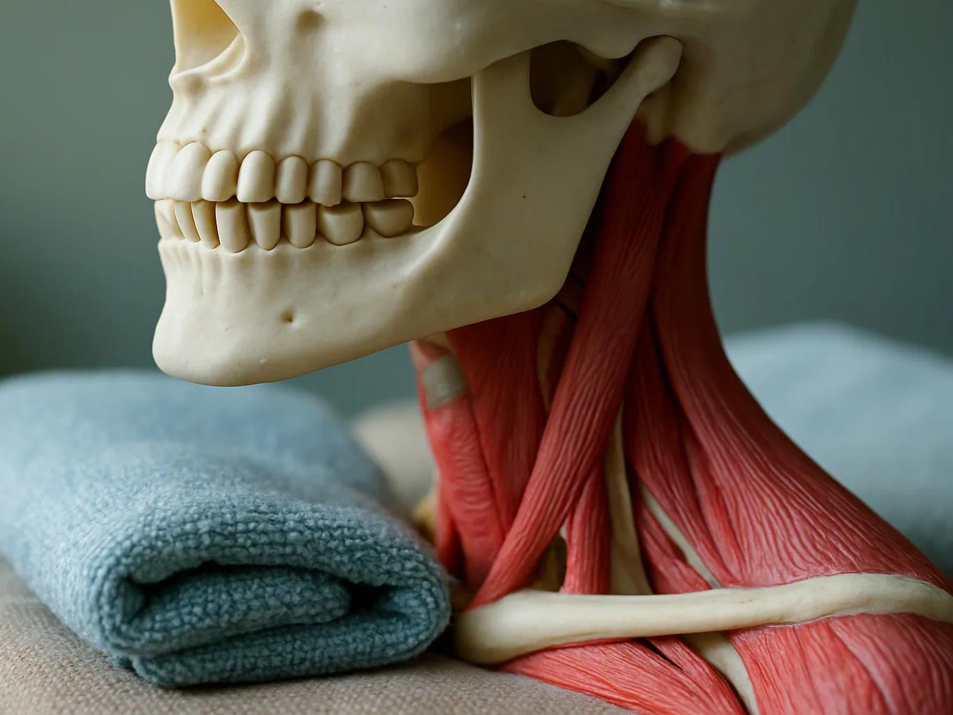 A skull anatomy model rests beside a rolled blue towel on a table