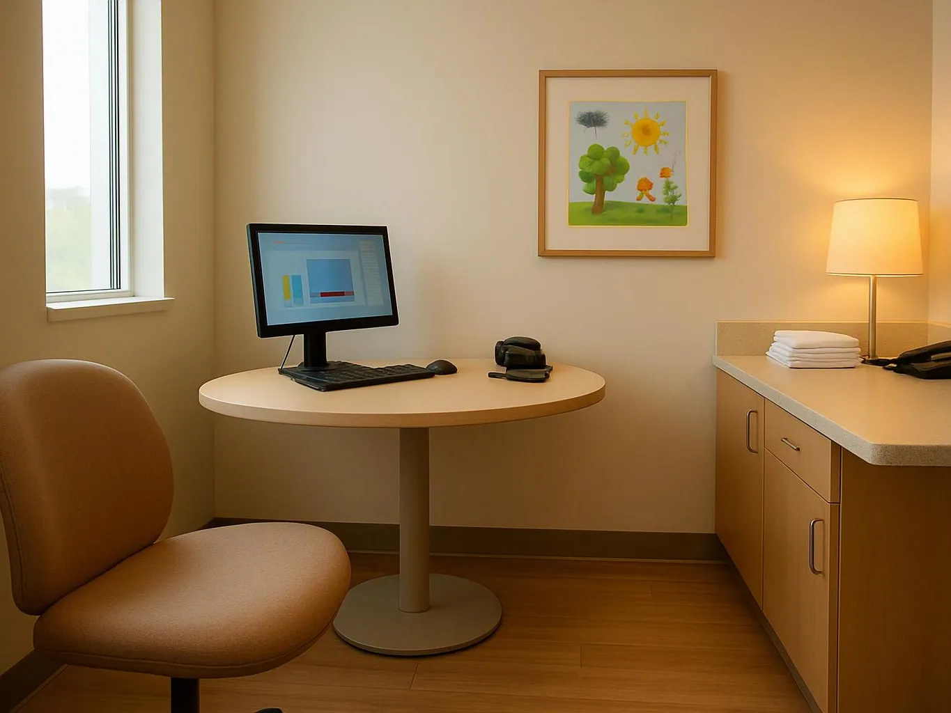 A small beige office shows a round desk with a monitor, chair, lamp, and folded towels