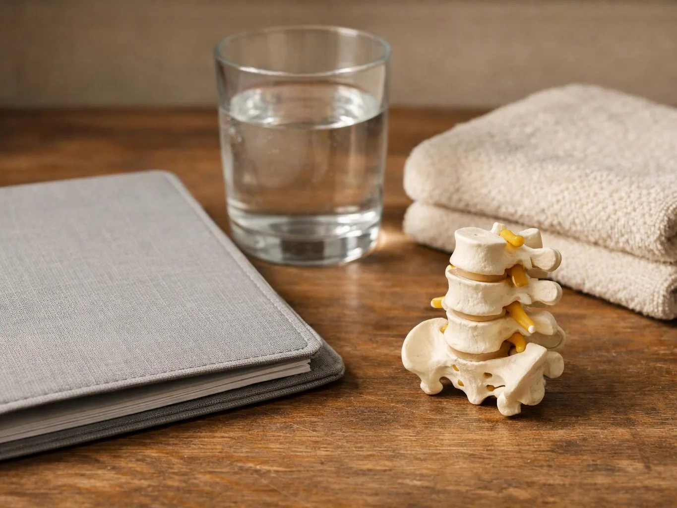 A small spine model sits beside a glass of water, folded towel, and closed notebook on a wooden table