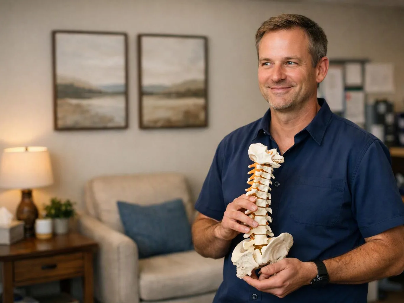 A smiling man in a blue shirt holds a plastic spine model in a cozy office waiting room