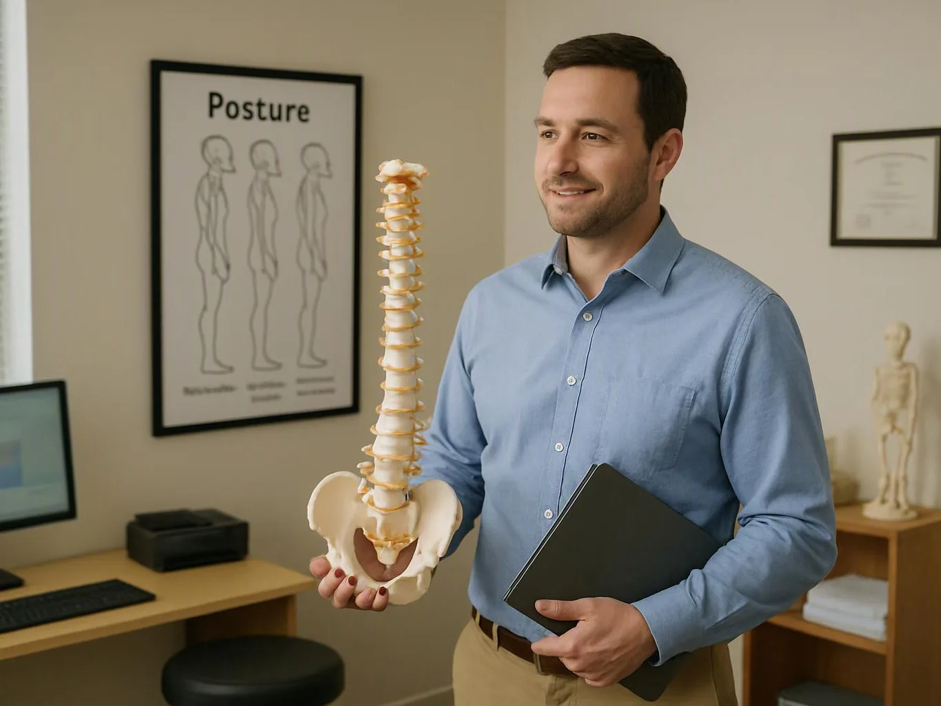 A smiling man in a blue shirt holds a spine model and a black folder in a clinic room