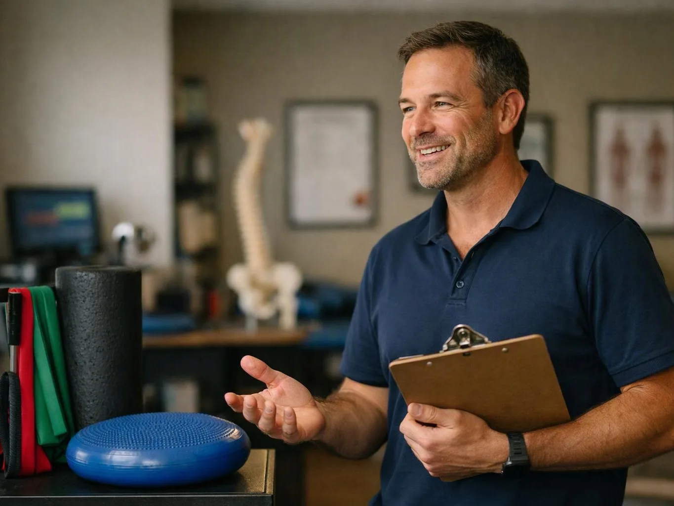 A smiling man in a navy polo holds a clipboard in a clinic room with exercise gear behind him