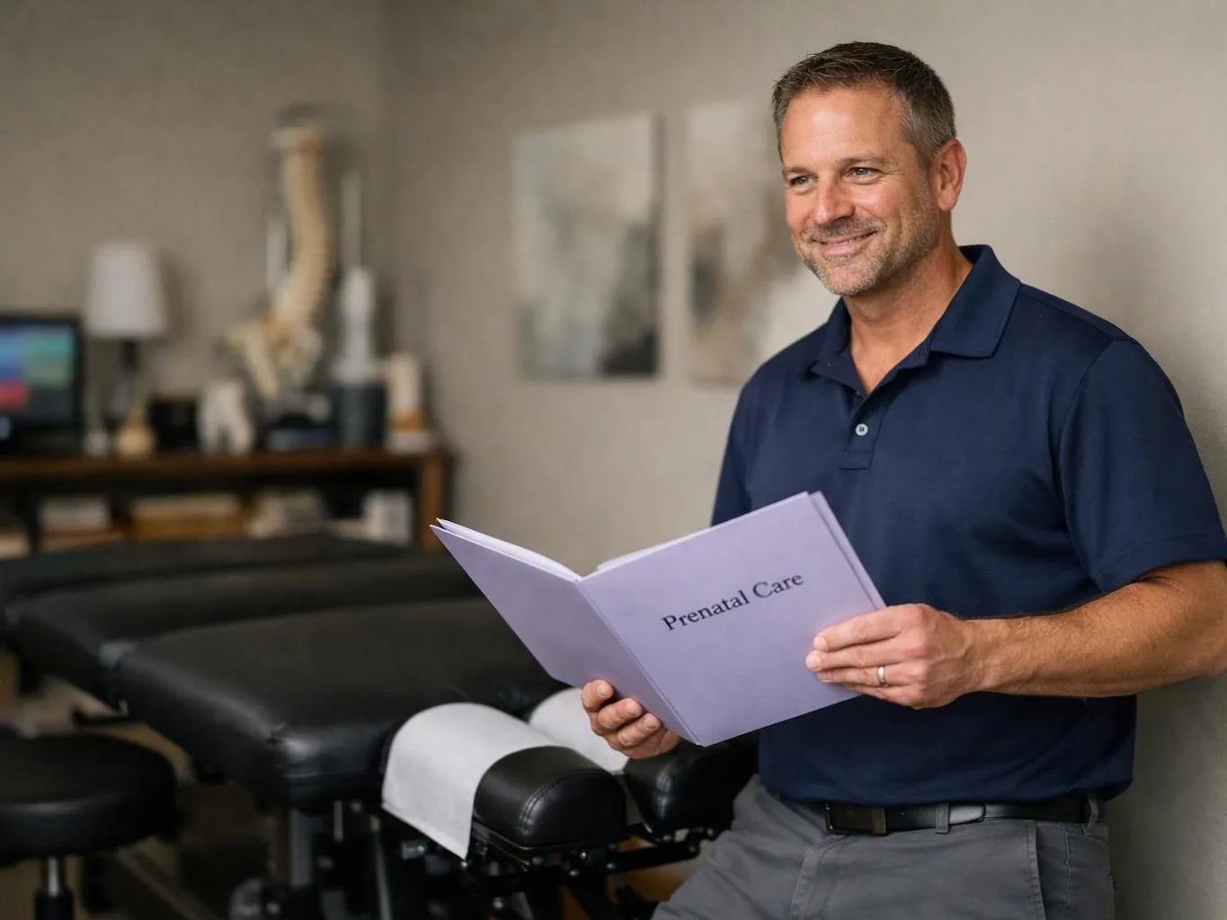 A smiling man in a navy shirt holds a “Prenatal Care” booklet in a clinic room with an exam table