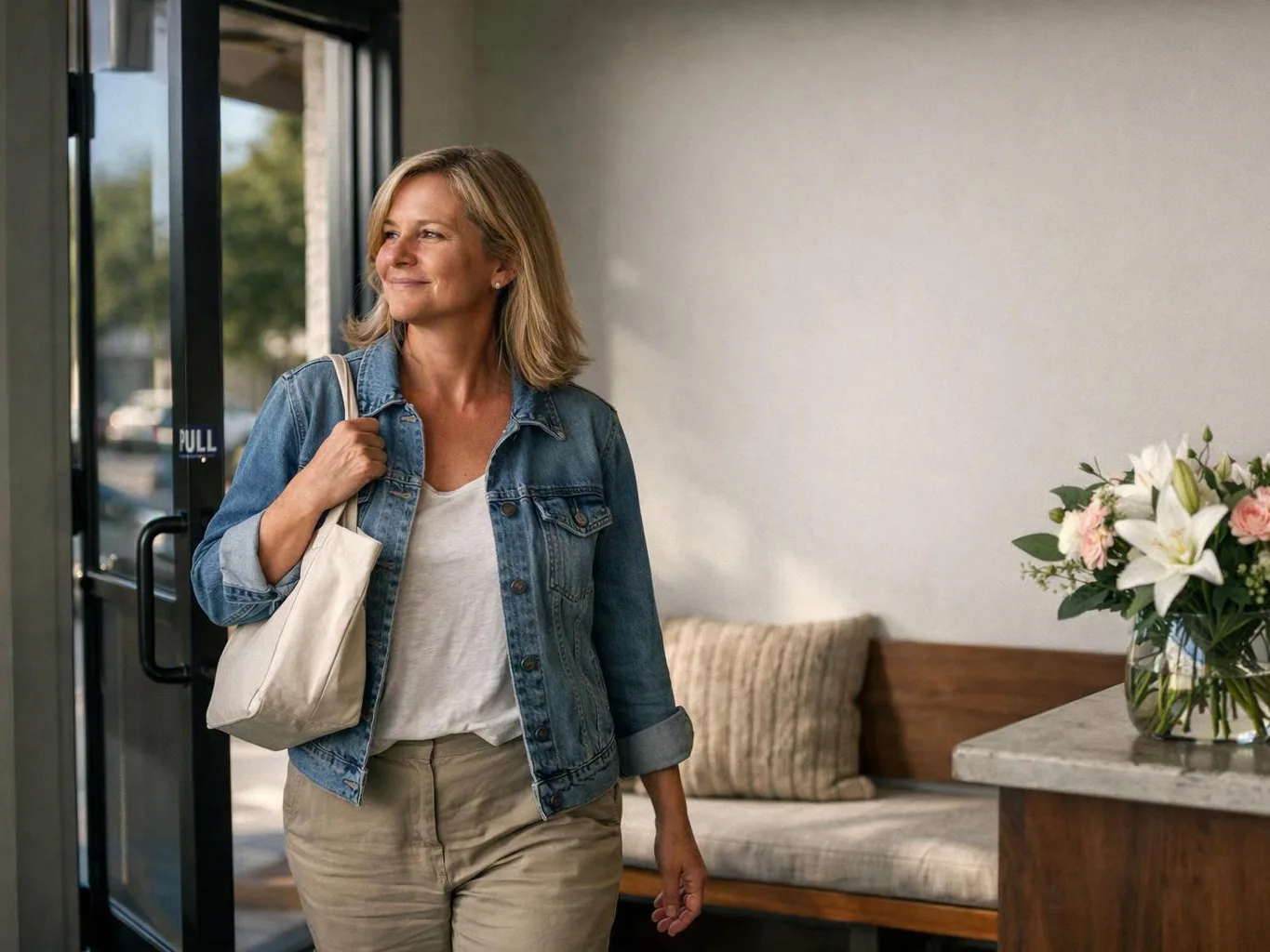 A smiling woman in a denim jacket carries a tote bag inside a bright lobby with flowers and a bench