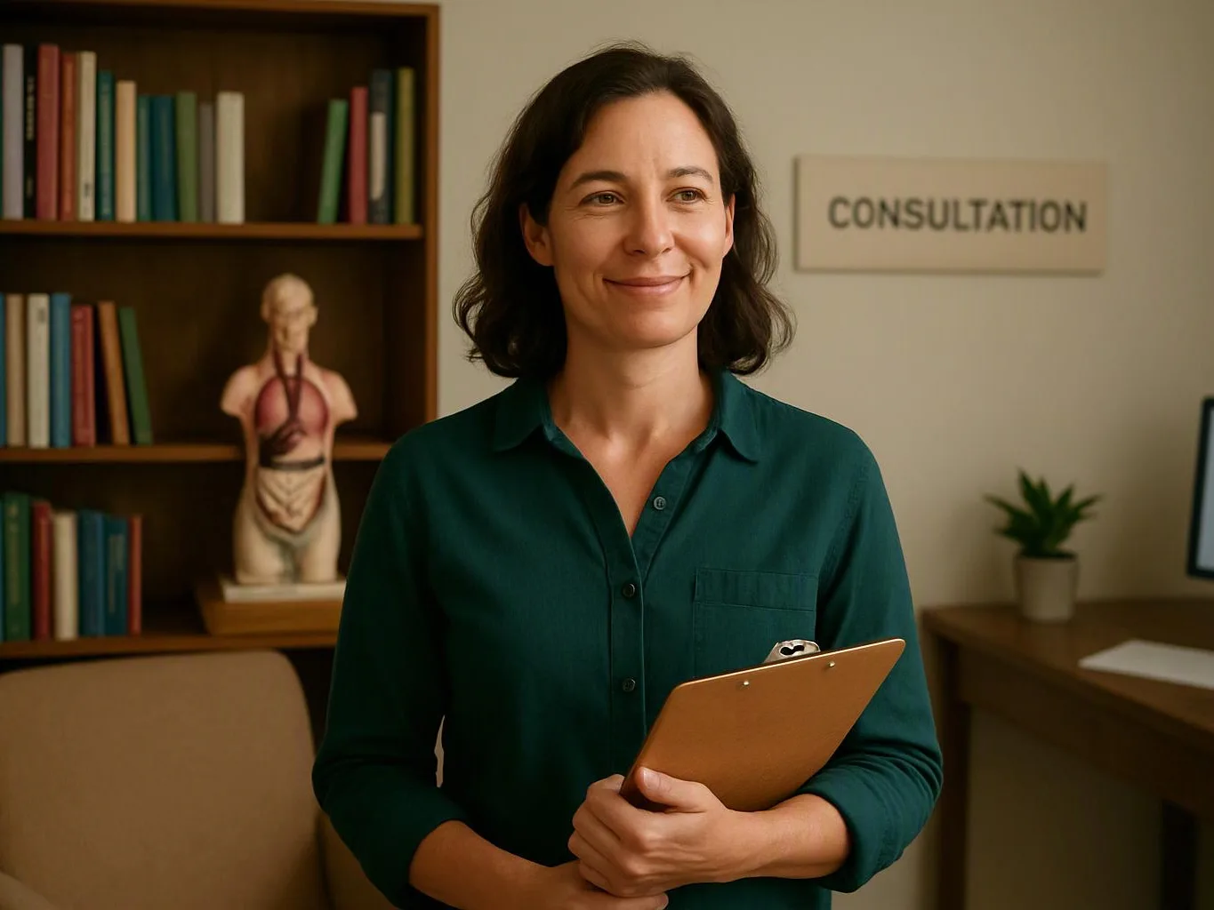 A smiling woman holds a clipboard in a consultation room with bookshelves, a medical model