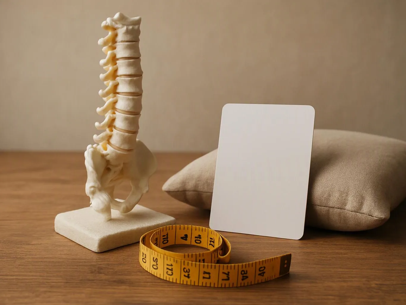 A spine model sits beside a blank card, measuring tape, and beige cushion on a wooden table