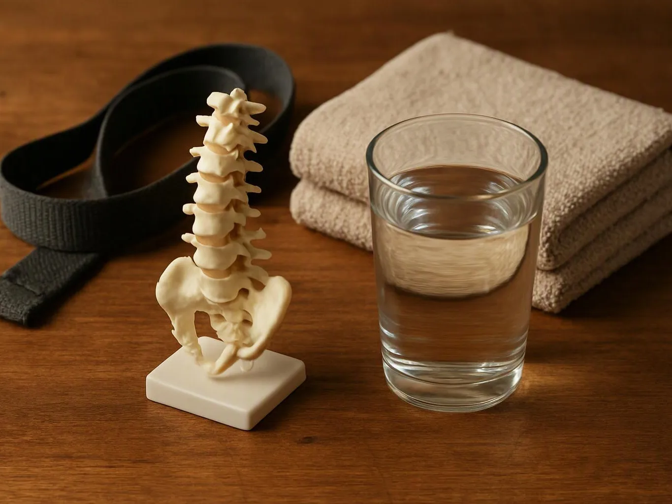 A spine model sits beside a glass of water, a folded towel, and a black strap on a wooden table