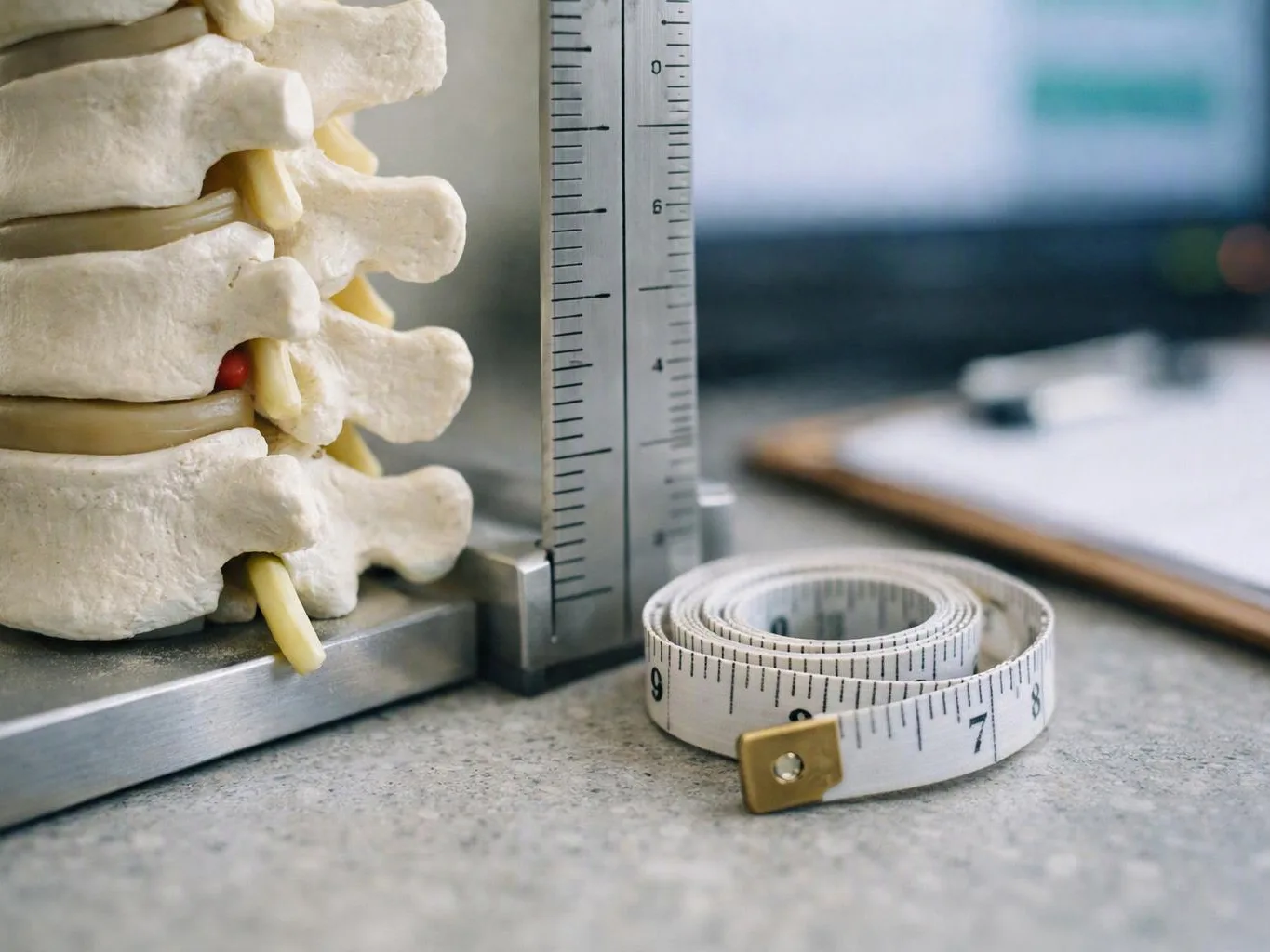 A spine model sits beside a height gauge and coiled measuring tape on a worktable