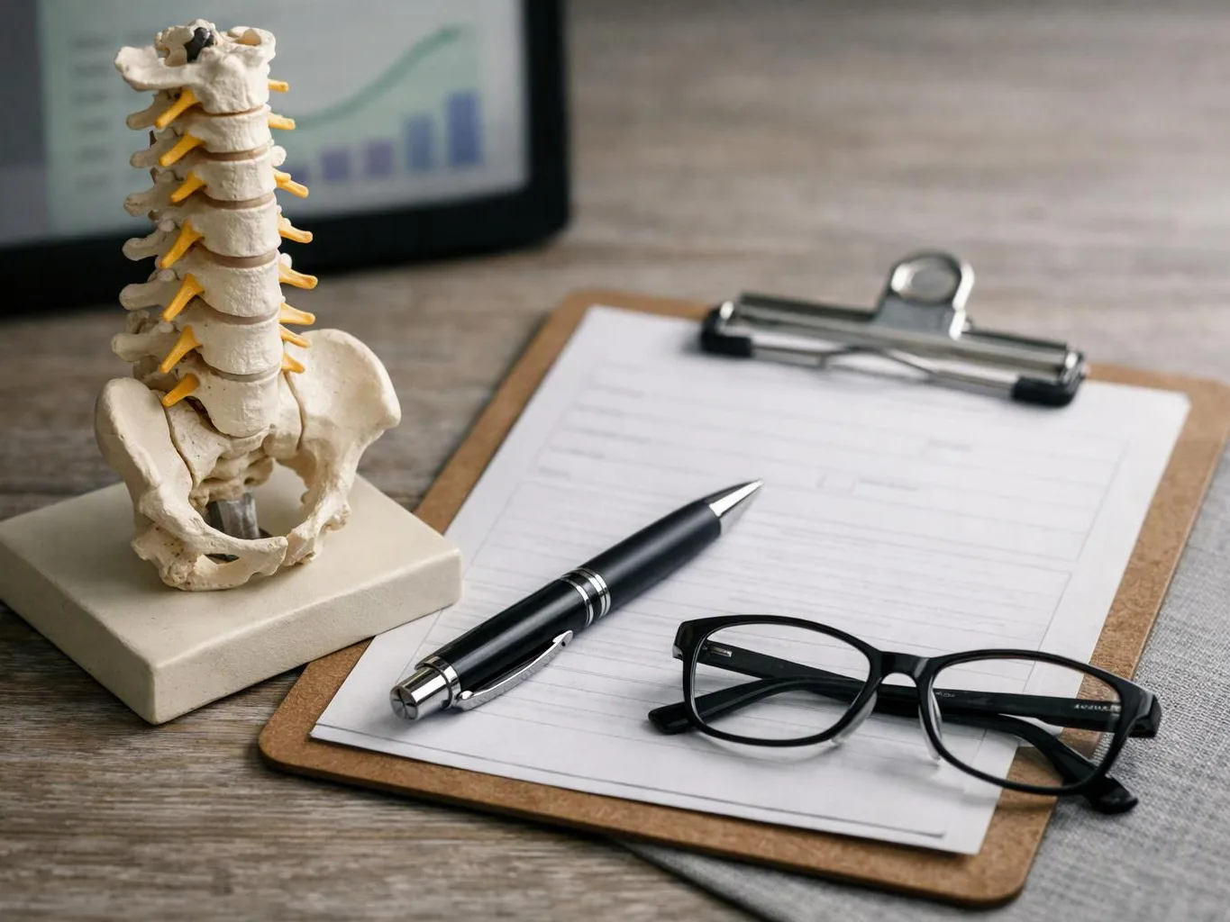 A spine model stands beside a clipboard with paper, a pen, and eyeglasses on a desk
