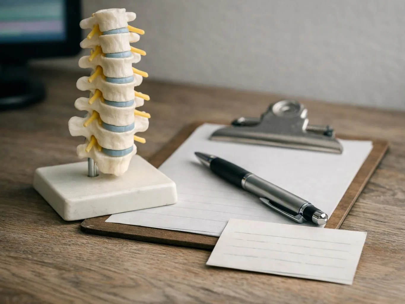 A spine model stands beside a clipboard, pen, and blank note card on a wooden desk