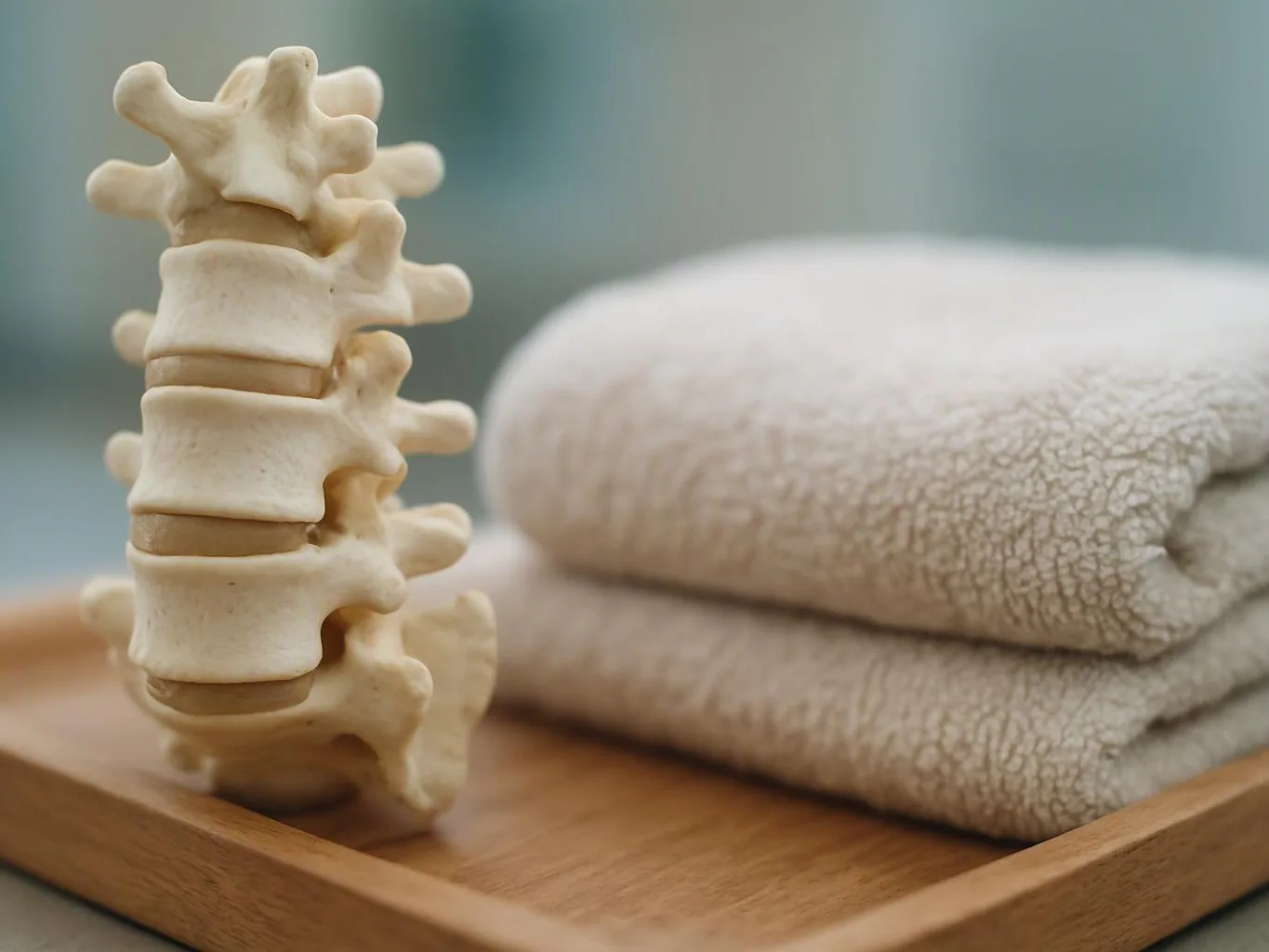 A spine model stands beside folded beige towels on a wooden tray