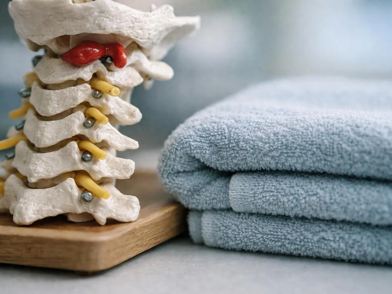 A spine model stands beside folded blue towels on a wooden tray