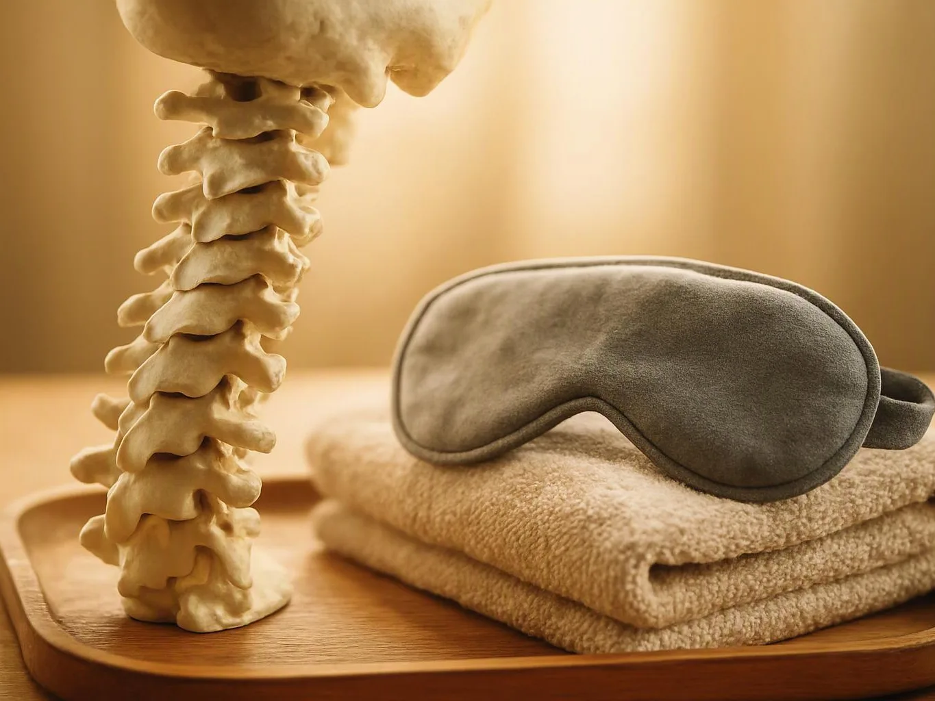 A spine model stands beside a gray sleep mask and folded towel on a wooden tray