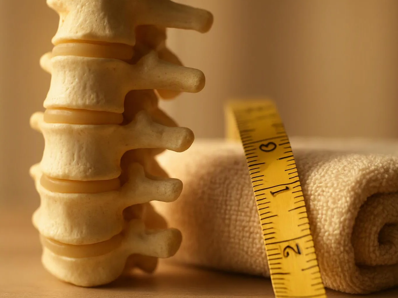 A spine model stands beside a yellow measuring tape and a rolled beige towel on a table