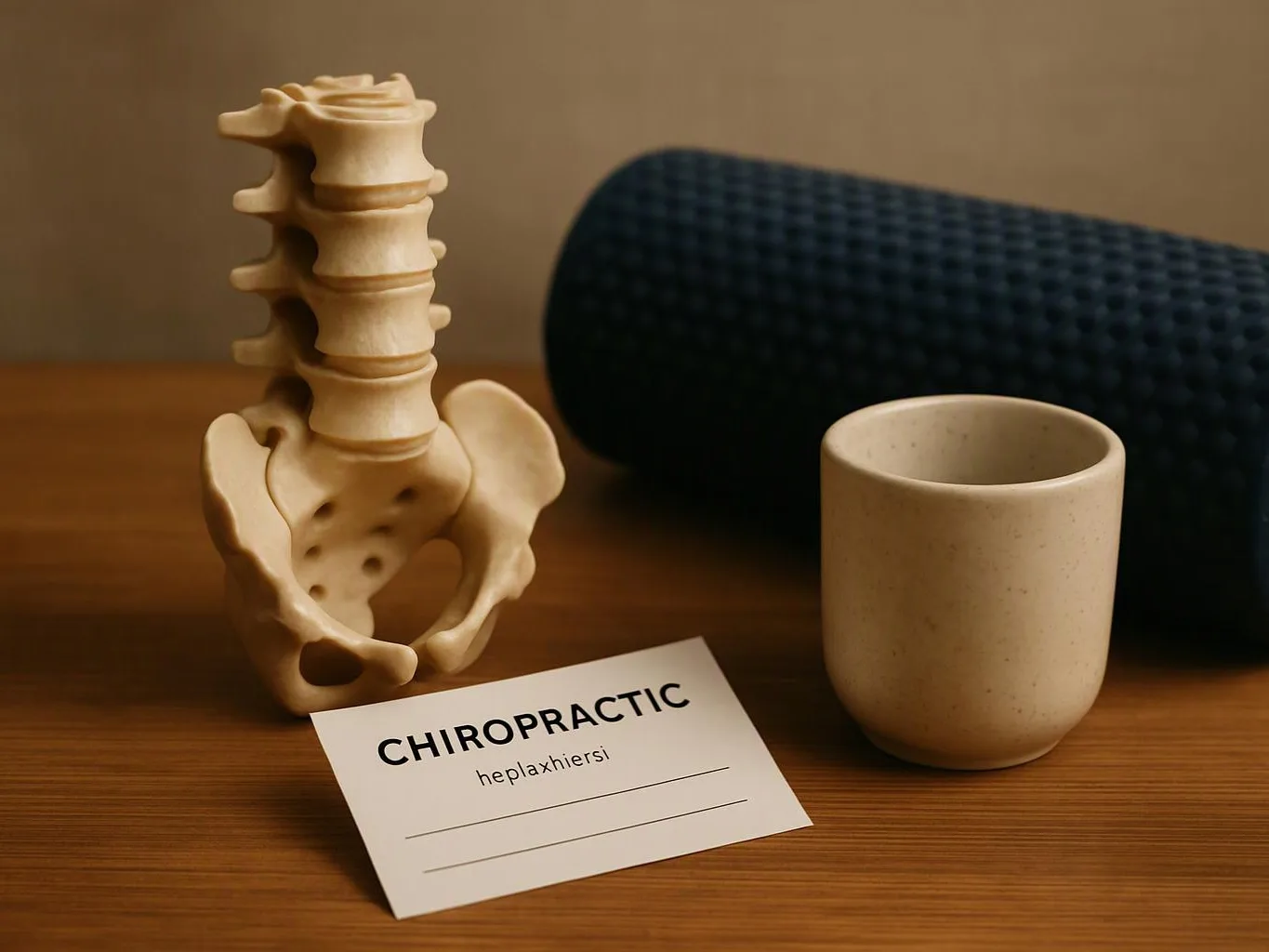 A spine model, a textured foam roller, a cup, and a card reading “CHIROPRACTIC” sit on a wooden table