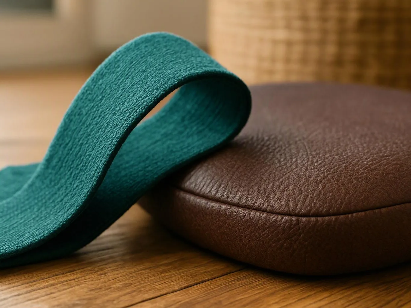 A teal fabric loop rests on a brown leather cushion on a wooden floor