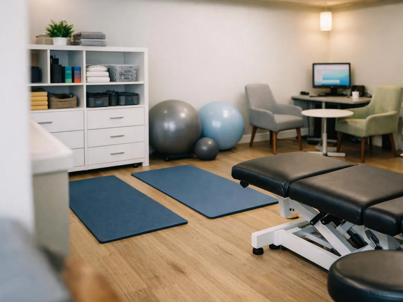 A tidy therapy room shows exercise mats, stability balls, a treatment table, and two chairs by a desk