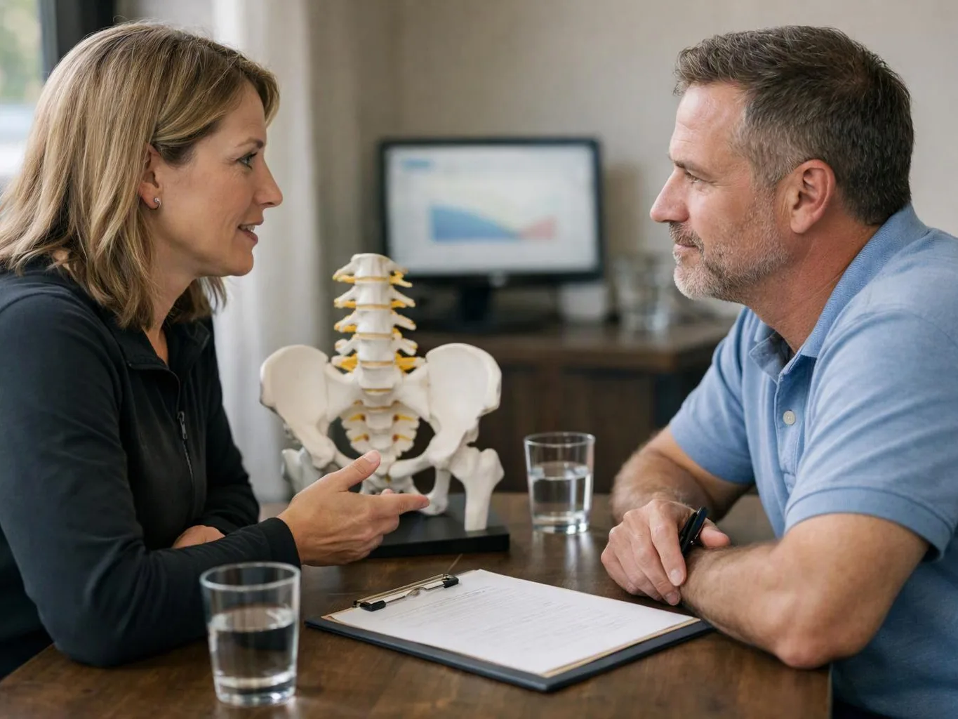 Two adults talk across a table with a spine model, water glasses, and a clipboard in a medical office